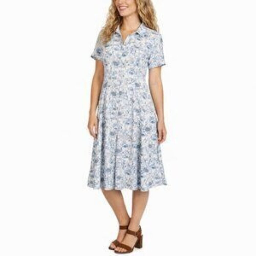 Rachel Zoe White Blue Safari Lion Fit Flare Pearl Button Front Dress Women M